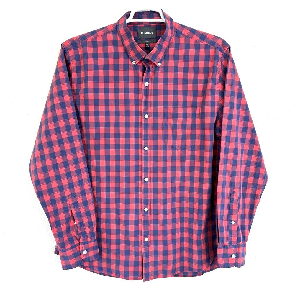 Bonobos Shirt Mens XXL Slim Fit Long Sleeve Button UP Red/Blue Check Carrer work